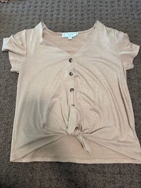 Hippie Rose Beige Short Sleeve Knot-Front Button Tee